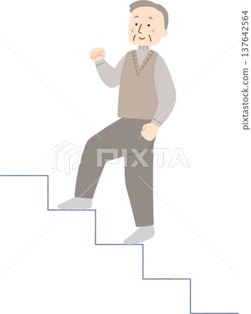 An illustration of an elderly man climbing stairs in good health. An illustration of an elderly man climbing stairs in good health. 137642564