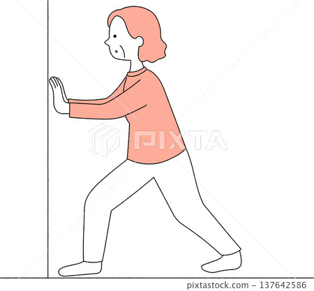 Elderly woman doing strength training with hands on the wall, monochrome Elderly woman doing strength training with hands on the wall, monochrome 137642586