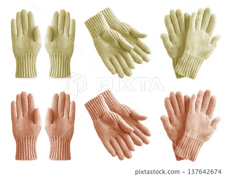 2 Set of pastel light yellow orange knit knitted woven wool fleece hand gloves, front and flat lay view on transparent cutout PNG file. Mockup template 2 Set of pastel light yellow orange knit knitted woven wool fleece hand gloves, front and flat lay view on transparent cutout PNG file. Mockup template 137642674