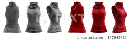 2 Set of woman red maroon grey gray sleeveless turtleneck roll High neck top sweater vest, front back side view on transparent cutout PNG file. Mockup template for artwork design 137642681