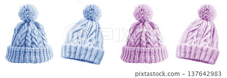 2 Set of pastel light blue purple pom pom ball knit knitted woven cuffed wool ribbed beanie hat, front and flat lay view on transparent cutout PNG file. Mockup template  137642983