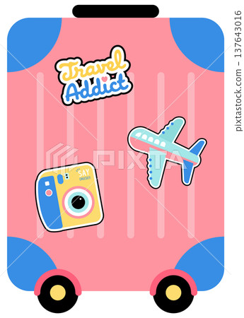 Modern Travel Suitcase with sticker for Vacation Journey and World Explorer Lifestyle Modern Travel Suitcase with sticker for Vacation Journey and World Explorer Lifestyle 137643016