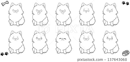 一組描繪不同表情的博美犬的線條藝術插圖。 一組描繪不同表情的博美犬的線條藝術插圖。 137643068