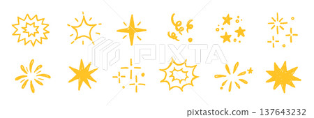 Star gold sticker icon collage set. Star icon sketch hand drawn line brush crayon texture vintage background. Cute kid magic twinkle sparkle, glow moon, space figure. Vector Star gold sticker icon collage set. Star icon sketch hand drawn line brush crayon texture vintage background. Cute kid magic twinkle sparkle, glow moon, space figure. Vector 137643232