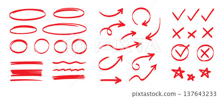 Hand drawn pen line highlight red set. Line red hand drawn pen marker stroke underline, arrow, check mark emphasis. Round oval, circle scribble frame, arrow elements . Vector Hand drawn pen line highlight red set. Line red hand drawn pen marker stroke underline, arrow, check mark emphasis. Round oval, circle scribble frame, arrow elements . Vector 137643233