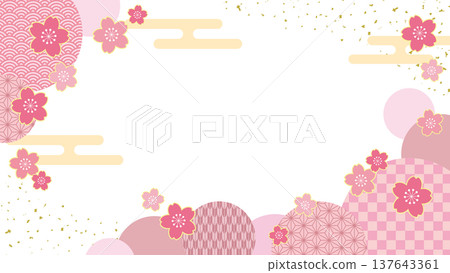 Japanese style spring banner frame with cherry blossoms and Japanese pattern circle / pink Japanese style spring banner frame with cherry blossoms and Japanese pattern circle / pink 137643361