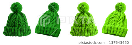 2 Set of dark light green lime pom pom ball knit knitted woven cuffed wool ribbed beanie hat, front and flat lay view on transparent cutout PNG file. Mockup  137643460