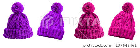 2 Set of magenta purple pink pom pom ball knit knitted woven cuffed wool ribbed beanie hat, front and flat lay view on transparent cutout PNG file. Mockup template  137643461