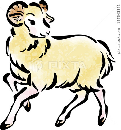 New Year's card illustration for 2027: Ink painting of a sheep. 2027 New Year's card material, ink painting, watercolor, Japanese painting, Japanese style, Chinese zodiac. 137643531