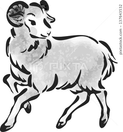 New Year's card illustration for 2027: Ink painting of a sheep. 2027 New Year's card material, ink painting, watercolor, Japanese painting, Japanese style, Chinese zodiac. 137643532