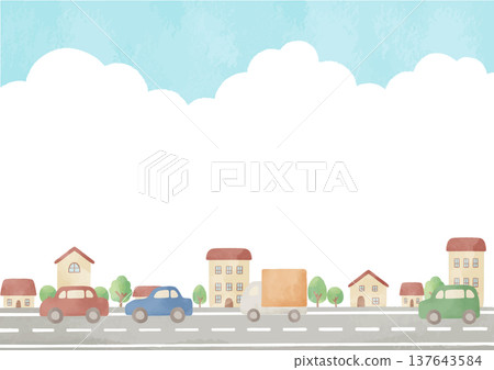 以汽車和卡車在道路上行駛為背景的街景 | 汽車、道路、房屋、城鎮、藍天 137643584