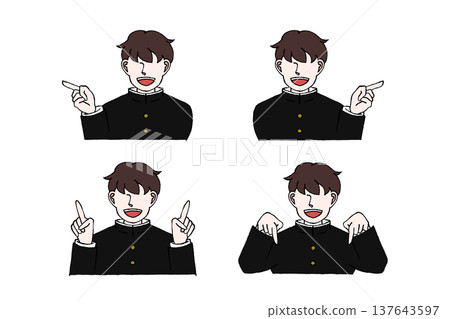 一名身穿制服的高中男生，指著、引導著上、下、左、右，擺出姿勢，插畫。 137643597
