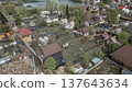 Spring flood disaster with fully submerged houses, flooded roads and overflowing waterways. The footage shows the dramatic impact of heavy rainfall and rising water levels on residential areas 137643634