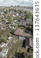 Spring flood disaster with fully submerged houses, flooded roads and overflowing waterways. The footage shows the dramatic impact of heavy rainfall and rising water levels on residential areas 137643635