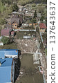 Spring flood disaster with fully submerged houses, flooded roads and overflowing waterways. The footage shows the dramatic impact of heavy rainfall and rising water levels on residential areas 137643637