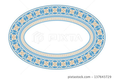 Oriental vector damask pattern. Talavera pottery. Azulejos portugal. Turkish ornament. Spanish porcelain. Ceramic tableware. Oriental  plate with arabesques and floral pattern, ceramic, embroidery 137643729