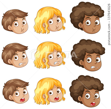 Cartoon Children Heads with Different Facial Expressions and Diverse Hair Styles Cartoon Children Heads with Different Facial Expressions and Diverse Hair Styles 137643826