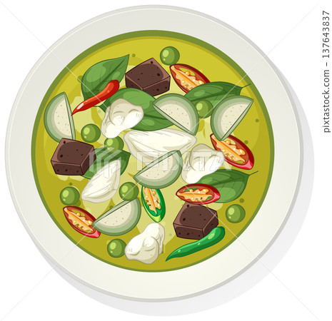 Thai Green Curry with Vegetables and Tofu in Bowl 137643837