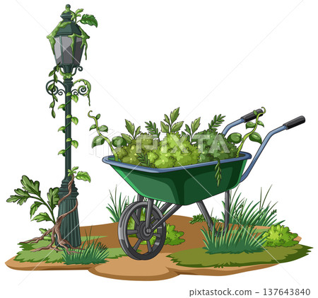 Overgrown Wheelbarrow and Lamp Post in Abandoned Garden 137643840