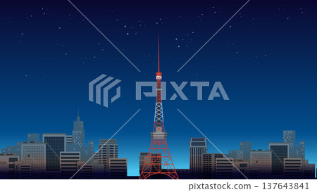 Flat Vector Illustration of a Red Communication Tower in a Night Cityscape 137643841