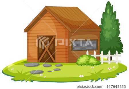 Wooden Shed with Fence and Greenery in Cartoon Style Wooden Shed with Fence and Greenery in Cartoon Style 137643853