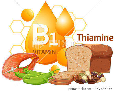 Vitamin B1 Thiamine Sources with Bread, Salmon, Nuts, and Peas 137643856