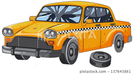 Cartoon Abandoned Yellow Taxi with Broken Windows 137643861