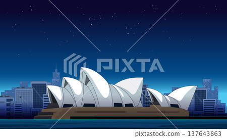 Vector Illustration of Sydney Opera House at Night with City Skyline 137643863