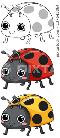 Cute Cartoon Ladybug Vector Set in Red Yellow and Outline Styles 137643864