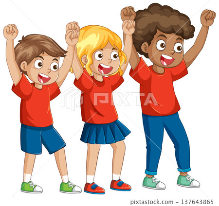 Diverse Group of Happy Children Cheering with Raised Arms 137643865