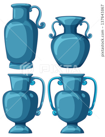 Set of Blue Ancient Greek Style Ceramic Vases Illustration 137643867