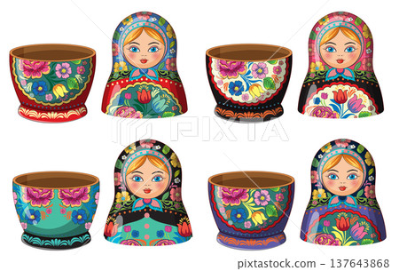 Colorful Russian Nesting Dolls with Floral Patterns Colorful Russian Nesting Dolls with Floral Patterns 137643868