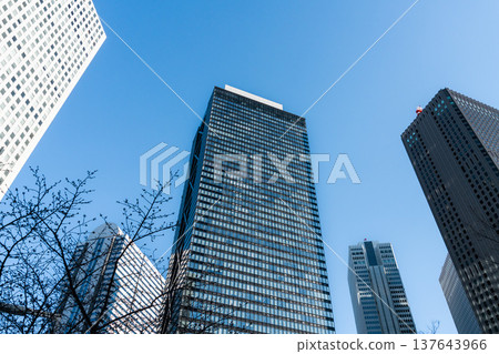 新宿的摩天大樓在藍天的映襯下拔地而起,象徵商業的成長和未來。 新宿的摩天大樓在藍天的映襯下拔地而起,象徵商業的成長和未來。 137643966