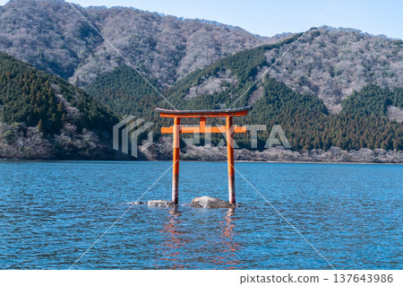 The ultimate power spot. The mystical underwater torii gate at Hakone's Kuzuryu Shrine Main Sanctuary, which enshrines the Dragon God. 137643986
