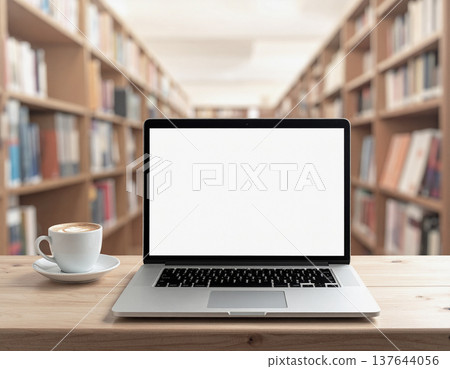 一個安靜的書吧工作空間，配有書架。 137644056