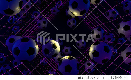 Flying Through Football Soccer Ball Tunnel Neon, A breathtaking 3D rendered illustration of flying through a neon soccer ball tunnel, capturing dynamic sports, perfect for sports documentary. 137644091