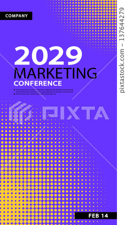 Modern purple vertical technology banner. High-quality abstract design with yellow halftone textures, ideal for digital marketing seminars, online conferences, and creative business event promotion. 137644279