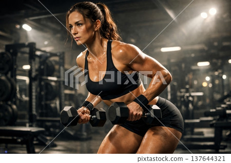 Athletic Woman Training with Dumbbells in Gym 137644321