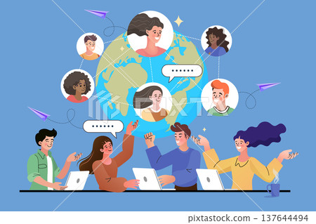 Professional team working on laptops with earth globe and floating avatars on blue background. Creative concept for international collaboration remote teamwork and world communication technology Professional team working on laptops with earth globe and floating avatars on blue background. Creative concept for international collaboration remote teamwork and world communication technology 137644494