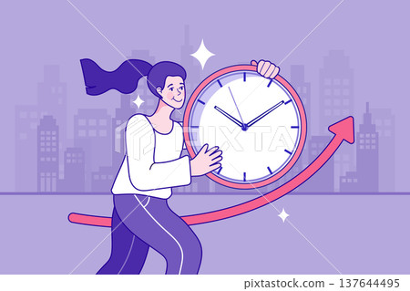 Female entrepreneur managing time for career growth and productivity. Creative concept for effective time management business efficiency and deadline control in city office environment Female entrepreneur managing time for career growth and productivity. Creative concept for effective time management business efficiency and deadline control in city office environment 137644495
