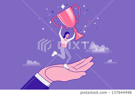 Female professional celebrating victory and achievement with supportive hand assistance. Creative concept for teamwork mentorship leadership and reaching career milestones Female professional celebrating victory and achievement with supportive hand assistance. Creative concept for teamwork mentorship leadership and reaching career milestones 137644496