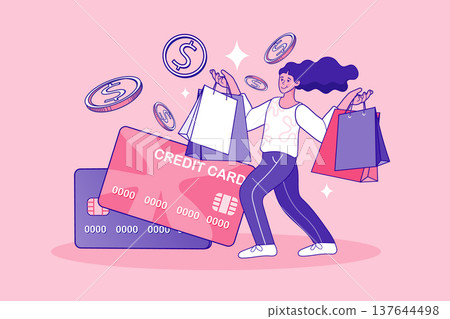 Female consumer holding many shopping bags celebrating successful digital payment. Creative concept for credit card services personal finance management and e-commerce lifestyle growth 137644498
