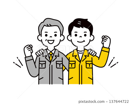 向量插圖,描繪了一名身穿工作服的男員工和一家建築公司的總裁的上半身,兩人都擺出了勝利的姿勢。 向量插圖,描繪了一名身穿工作服的男員工和一家建築公司的總裁的上半身,兩人都擺出了勝利的姿勢。 137644722