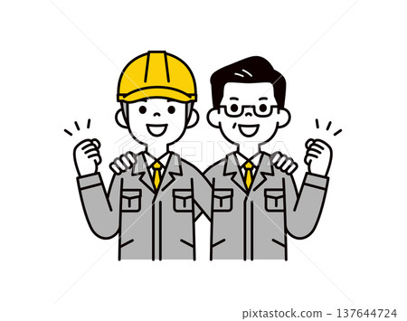 一幅簡單的上半身向量插圖，描繪了工地主管和建築公司老闆在工作中一起工作的場景。 137644724