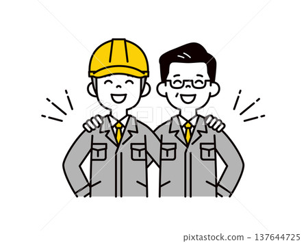 Vector illustration of the upper bodies of a helmeted engineer and factory manager/employee, with their arms around each other's shoulders. 137644725