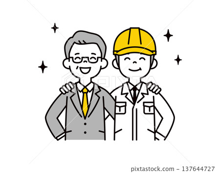 一幅向量插圖，展示了一位小企業主和一位戴著頭盔的現場經理的上半身，兩人都面帶微笑，手臂搭在對方的肩膀上。 137644727
