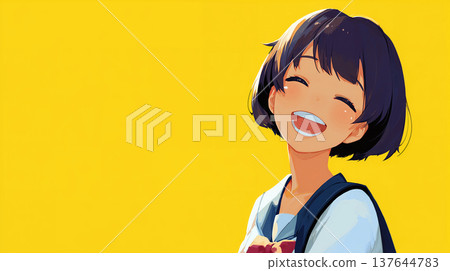 An illustration of a female student in a school uniform, beaming with a wide smile, in front of a yellow background, perfect for banner backgrounds. 137644783