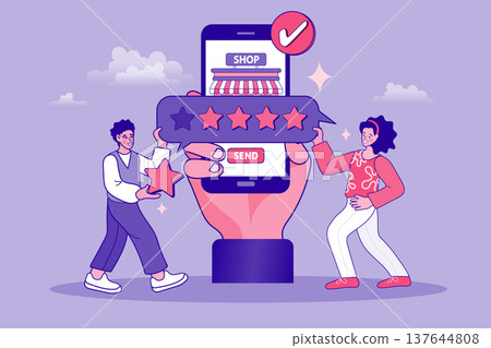 Man and woman holding stars next to giant smartphone with shop app and send button. Creative concept for customer satisfaction feedback marketing and high quality service reputation Man and woman holding stars next to giant smartphone with shop app and send button. Creative concept for customer satisfaction feedback marketing and high quality service reputation 137644808