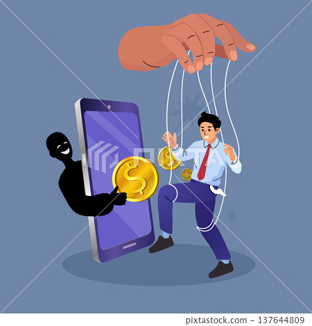 Male professional manipulated by strings while shadow criminal steals dollar coins from mobile screen. Creative concept for financial fraud cybercrime and digital theft awareness 137644809