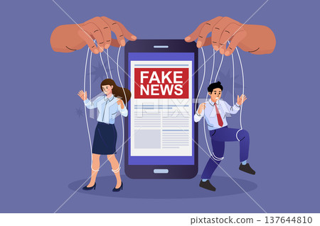 Large hands manipulating office workers like puppets through a smartphone displaying fake news. This scene represents media control, digital misinformation, and social engineering risks. Large hands manipulating office workers like puppets through a smartphone displaying fake news. This scene represents media control, digital misinformation, and social engineering risks. 137644810